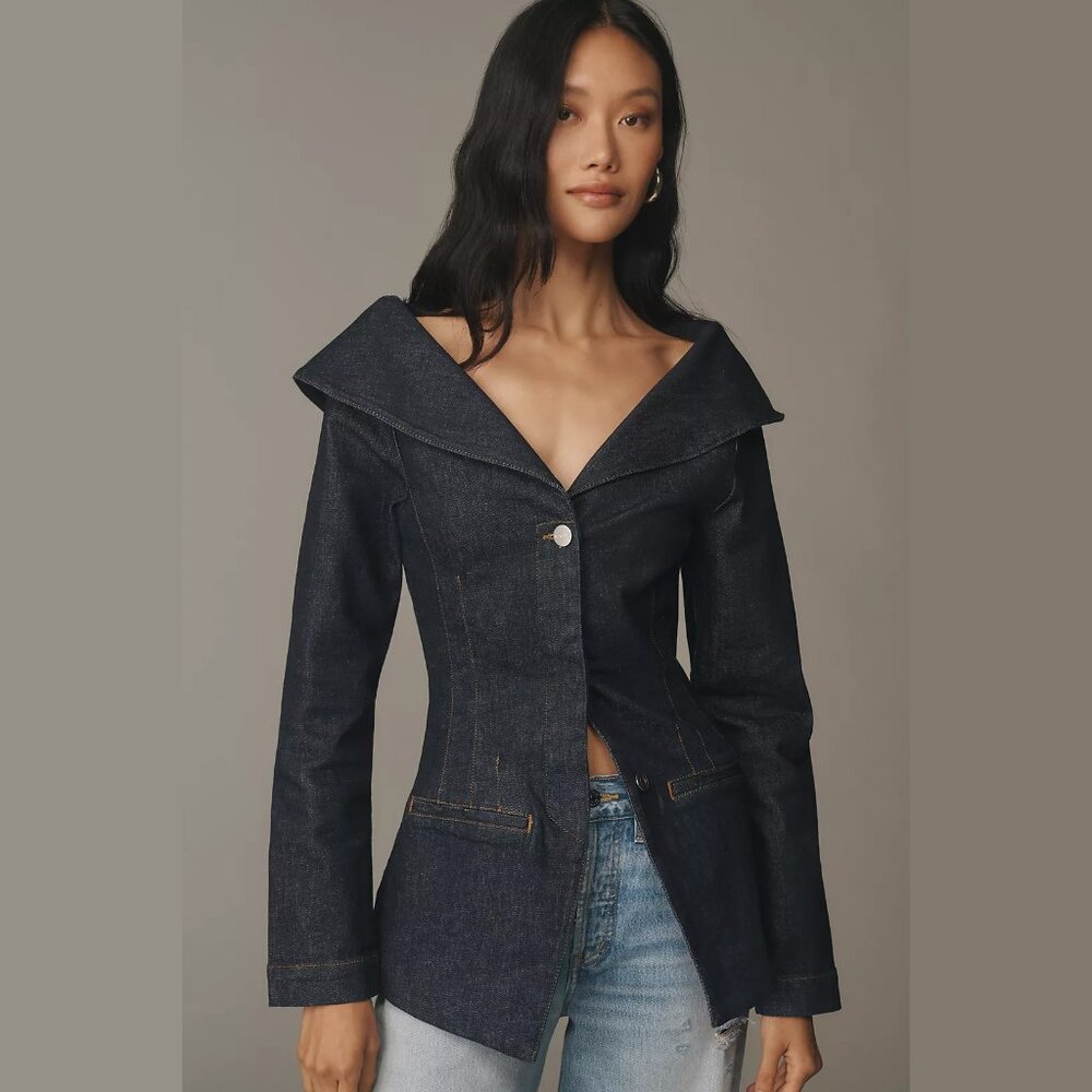 NEW ALIGNE Size 6 Women's Denim Organic Cotton V-Neck Blazer - Indigo